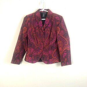 The J. Peterman Company 6 Blazer Damask Purple 3 Button V Neck Paisley Print
